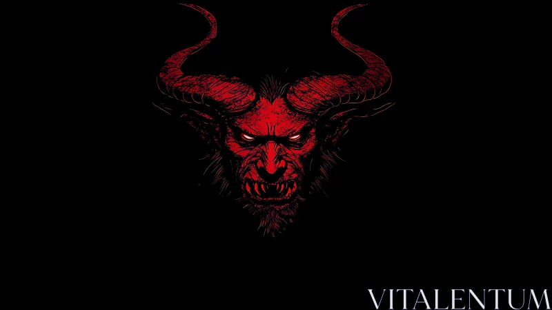 Sinister crimson demon head with glowing eyes on black field.