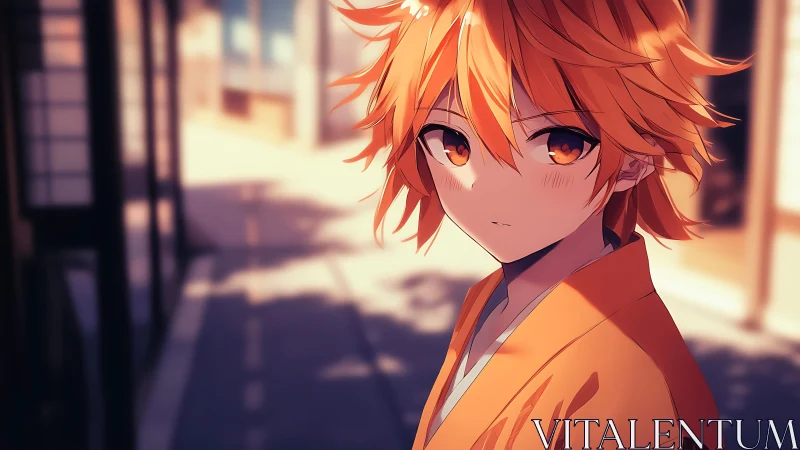 Orange haired anime youth in yukata on sunlit alleyway