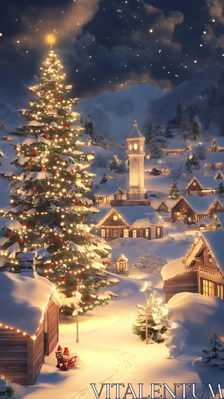 Snowy alpine village with illuminated Christmas tree at night.