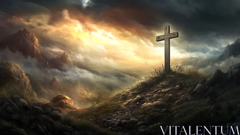 Stone cross on rocky hill under dramatic clouded sky.