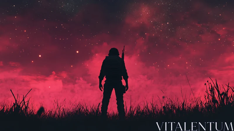 Lone armed wanderer stands beneath a blazing red cosmos