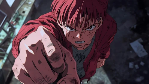 Defiant anime fighter throws a powerful punch upward.