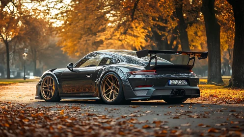 Autumn lane cruise with a sleek track-ready sports car.