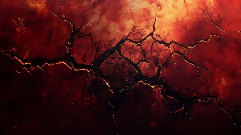 Burning cracked earth surface glows with molten fissures