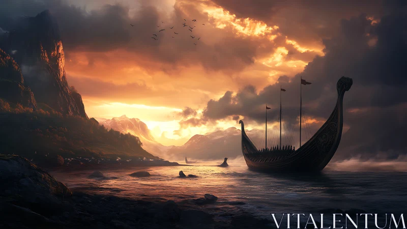 Viking longship under dramatic fjord sunset sky and clouds
