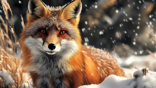 Red fox in snowfall rendered with high-detail photorealism