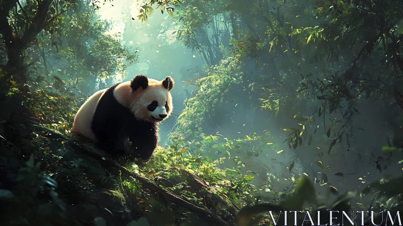Giant panda walks through dense misty forest clearing.