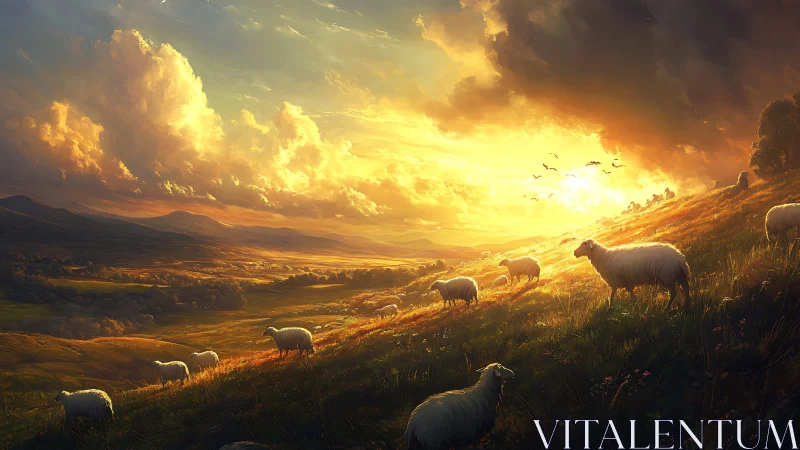 Sheep on sunlit hillside under dense evening cloudscape.