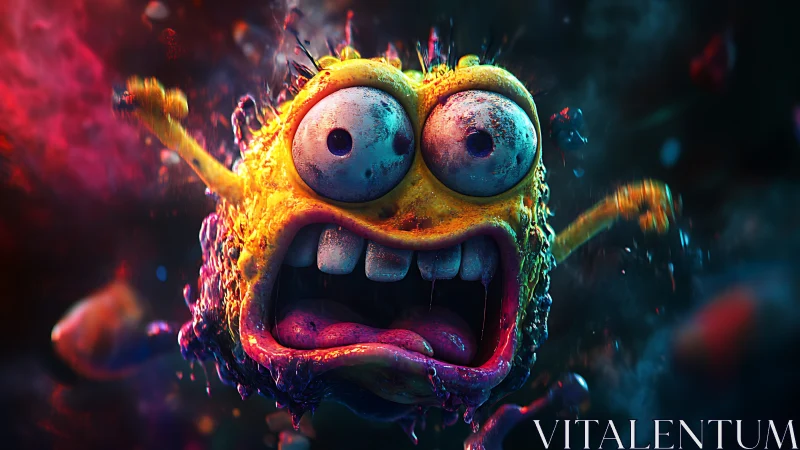 Cartoonish yellow monster screaming in neon chaos.