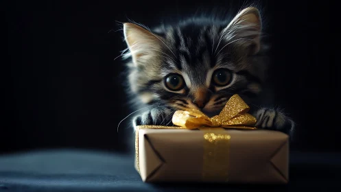 Tabby kitten with golden gift box in low key light.