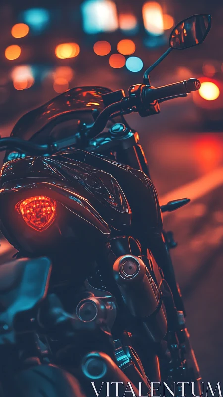 Neon-lit motorcycle close-up in cinematic cyberpunk framing.