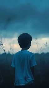 Solitary child silhouette in blue dusk field atmosphere.