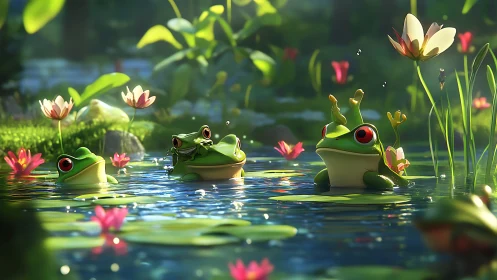 Cartoon frogs in lily pond with flowers and foliage.