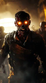 Luminescent-eyed zombie advances through backlit industrial smoke