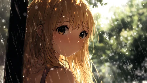 Soft summer rain moment with a quiet golden-haired girl.