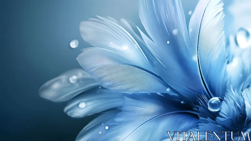 Blue feathers with water droplets in close digital focus.