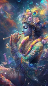 Celestial flute player wrapped in swirling cosmic colors.