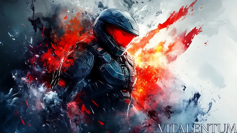 Armored sci fi soldier in explosive red energy blast.