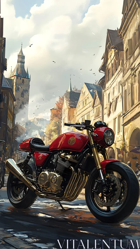 Red cafe racer motorcycle is parked on a wet old town street