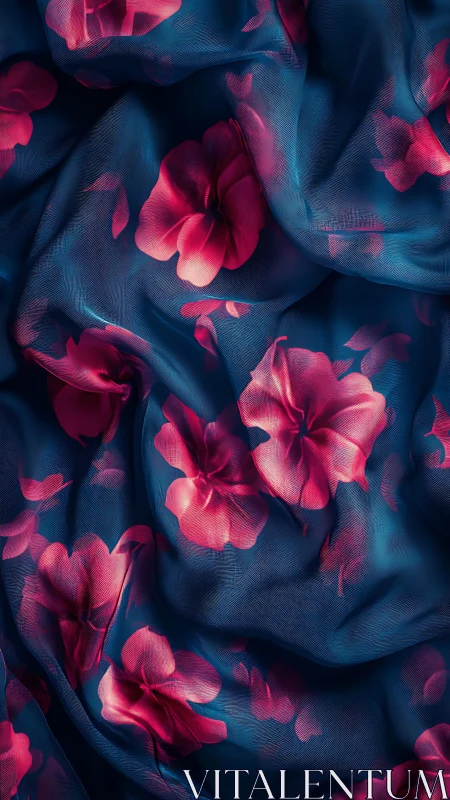 Neon Floral Textile with Pink Blooms on Deep Blue Fabric.