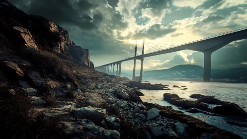 Coastal suspension bridge spans storm-lit rocky shoreline.