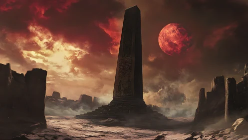 Ancient monolith under blood moon on desolate alien plain.
