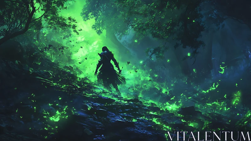 Dark cloaked warrior walking through glowing green forest.