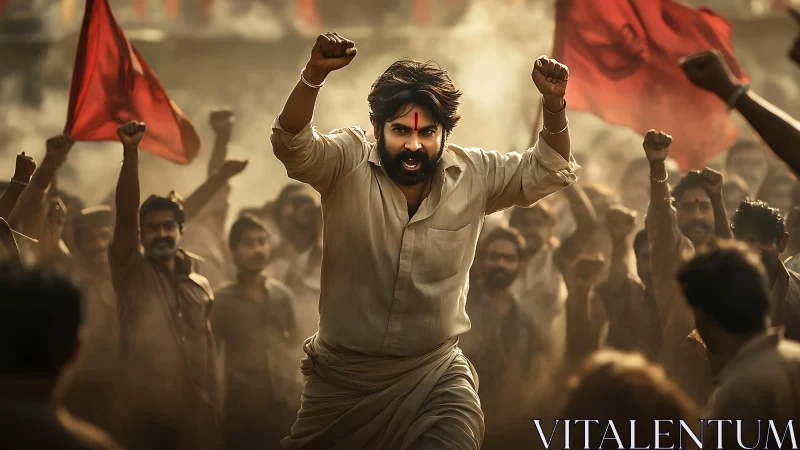 Militant crowd leader charges forward with raised fists and motion blur