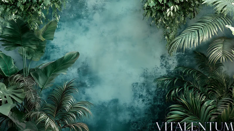 Emerald jungle curtain framing a dreamy teal oasis wall.