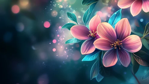 Luminous Pink Flowers Bloom in Ethereal Blue Garden Light