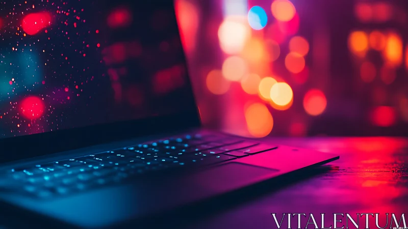 Sleek laptop glows against neon city lights at night