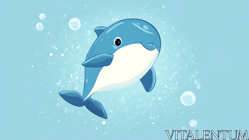Playful stylized dolphin illustration floats in a luminous aqua field
