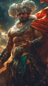 Stormlit warlord in feathered crown and ember red cloak.