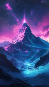 Neon astral peak over frozen valley under cosmic sky.