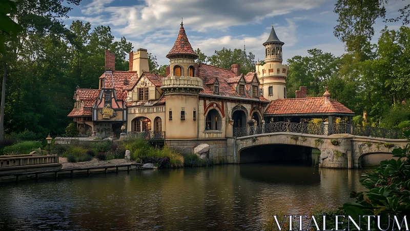 Riverside fantasy manor with turreted bridge and tiled roofs.