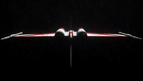 Sleek red starfighter slicing quietly through deep space.