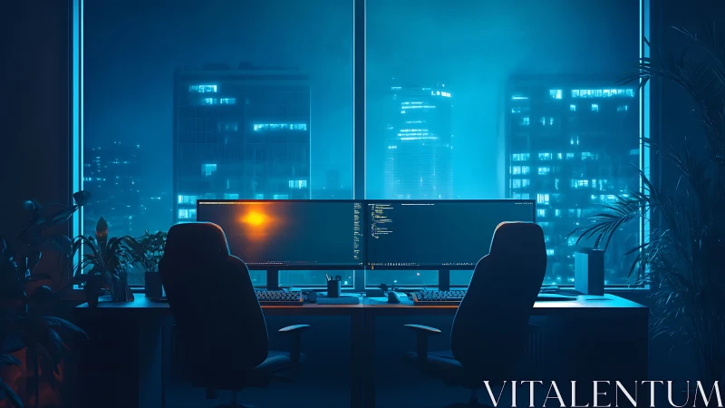 Midnight coding studio with glowing city window views.