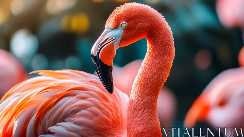 Graceful flamingo portrait in vivid coral plumage glow.