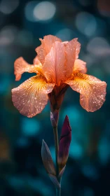 Dewlit peach iris opens softly against a dreamy teal glow