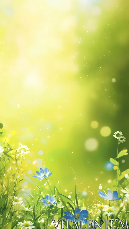 Spring meadow with blue wildflowers in glowing bokeh field.