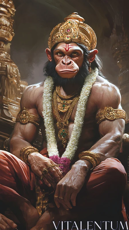 Regal monkey warrior sits calm in gilded temple light