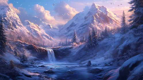 Snow covered mountain valley with waterfall at dusk light.