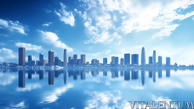 Urban skyline is mirrored across calm reflective waterfront