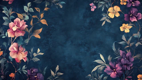 Botanical Composition with Vibrant Blooms on Deep Indigo Textured Field.