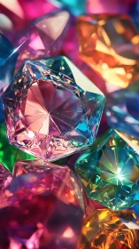Prismatic crystal gems under saturated rainbow lighting.
