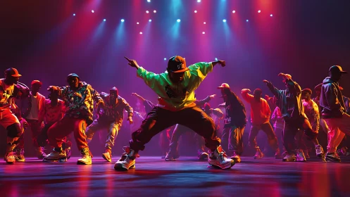 Electric street dancers ignite neon stage in pulsing unison.