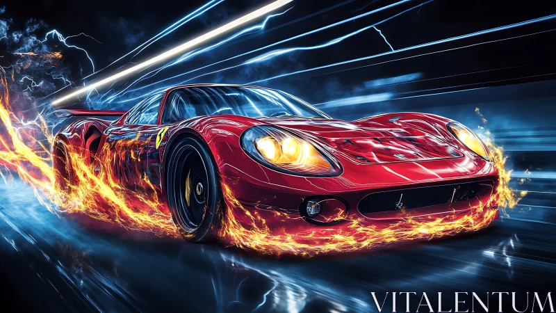 Flaming red supercar in electrified high‑velocity tunnel chase.