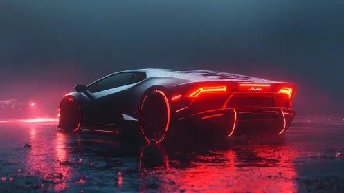Sleek neon supercar glowing softly in a rainy night street.