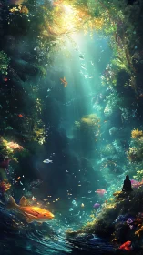 Quiet golden koi and a forest of underwater daydreams.