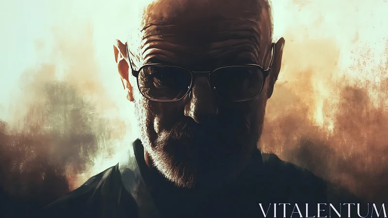 Moody bearded figure emerging from warm shadowed light.